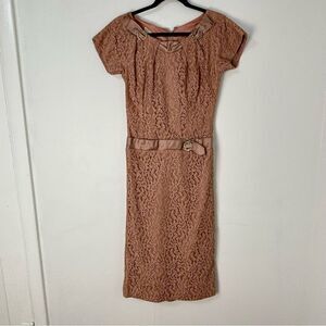 Vtg 50s 60s Lace Midi Dress Dusty Rose Sz S Mid-Century Elegant Old Money Party